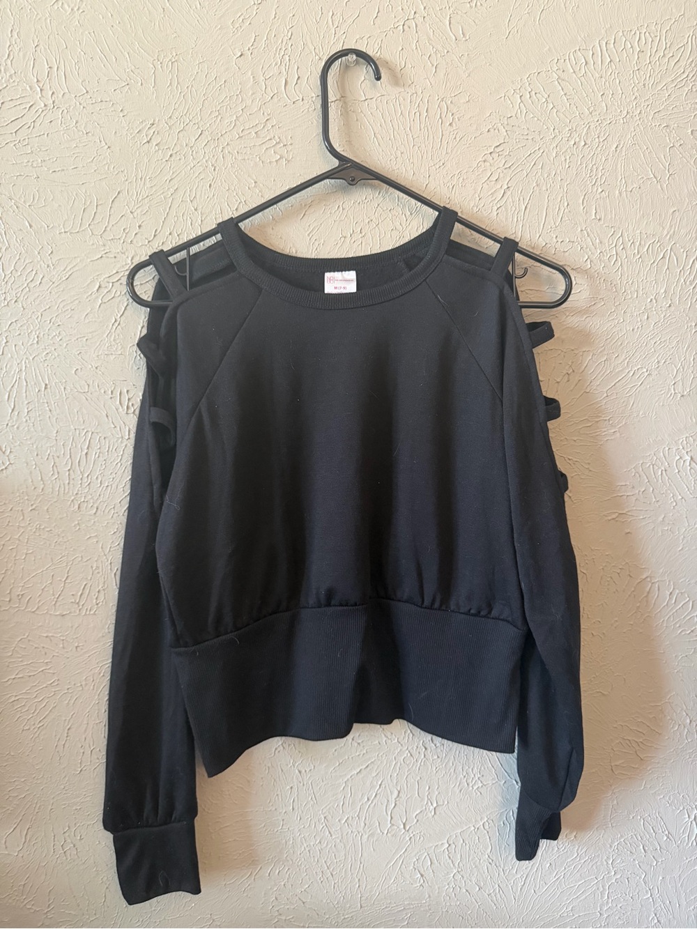 No Boundaries Black Cold-Shoulder Sweatshirt with Ladder Straps